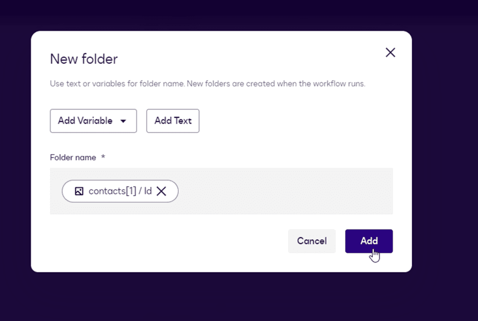 New folder modal with 'contacts[/]/id' in folder name field and 'Add' button.