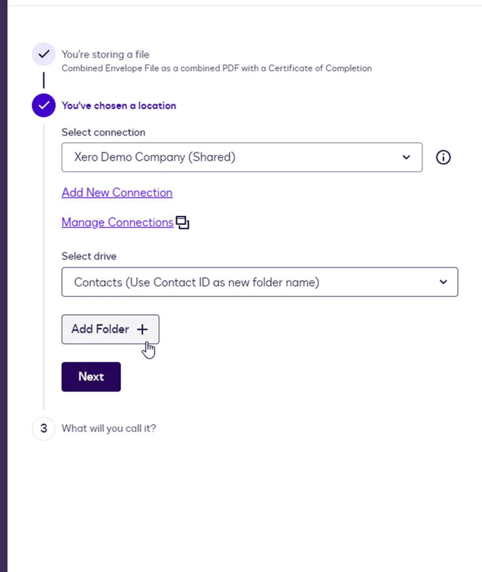 UI displaying a form to select connection, choose area, and add a new folder.