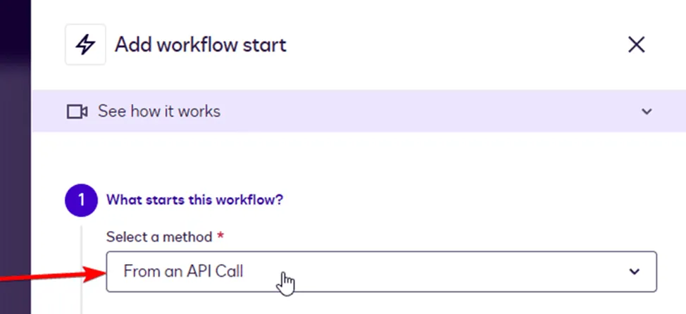 User selects 'From an API Call' to initiate a new workflow in the application interface.