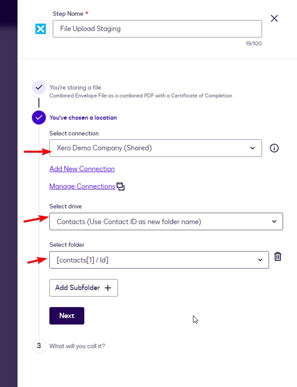 File upload configuration form with highlighted dropdowns for connection, drive, and folder selection.