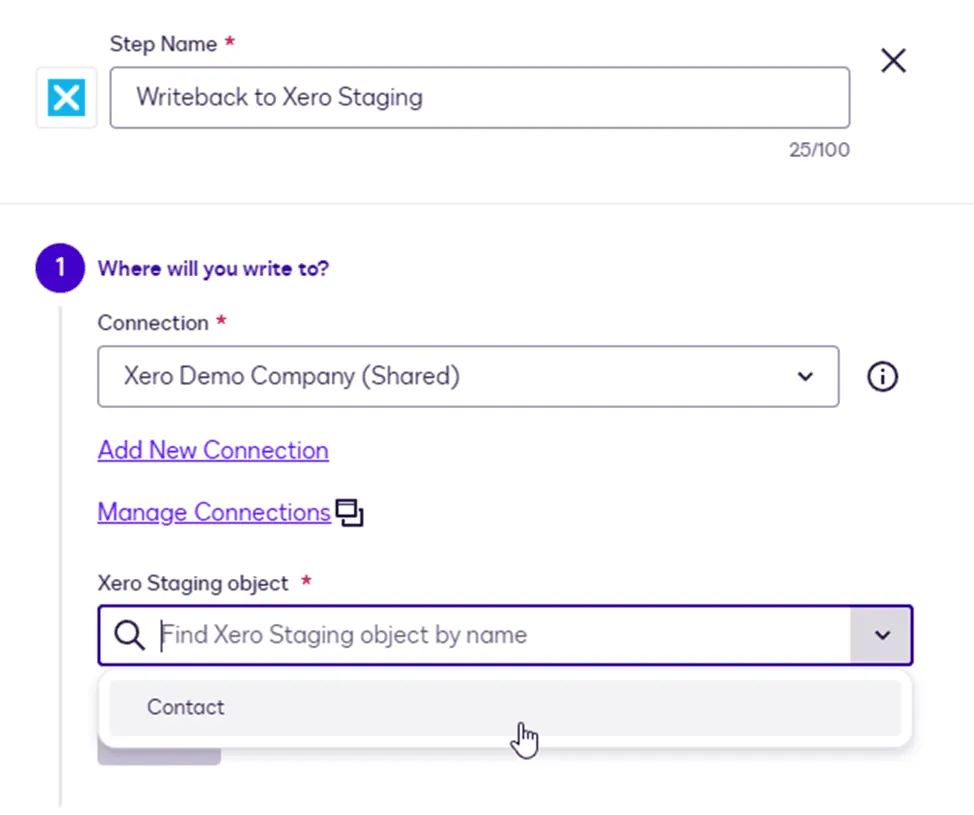Configuration screen for 'Writeback to Xero Staging', selecting connection and Contact object.