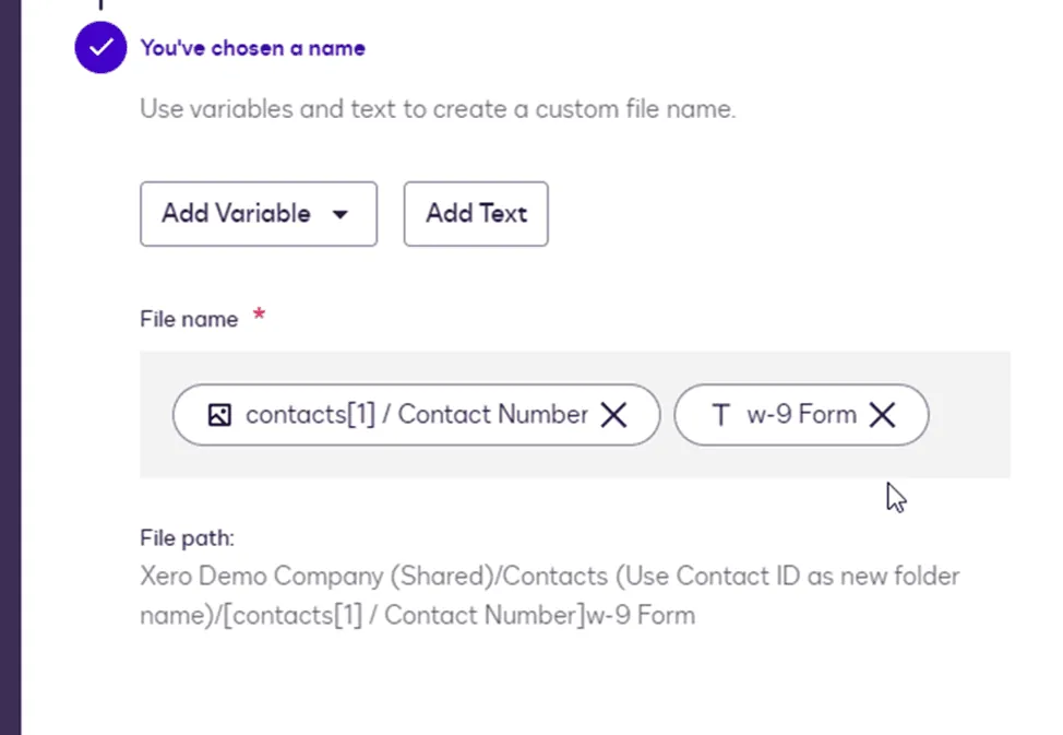 User interface for creating a custom filename using 'Contact Number' and 'w-9 Form' variables.