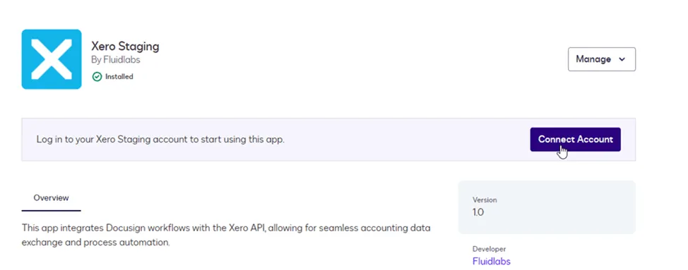 Xero Staging app interface showing a mouse cursor hovering over the 'Connect Account' button.