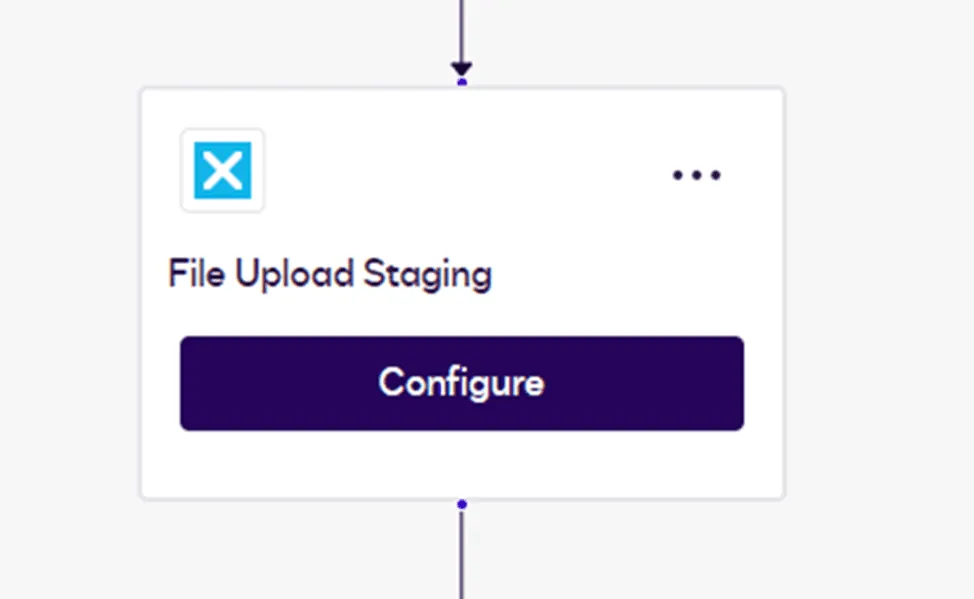 A workflow node titled 'File Upload Staging' with a configure button and blue X icon.