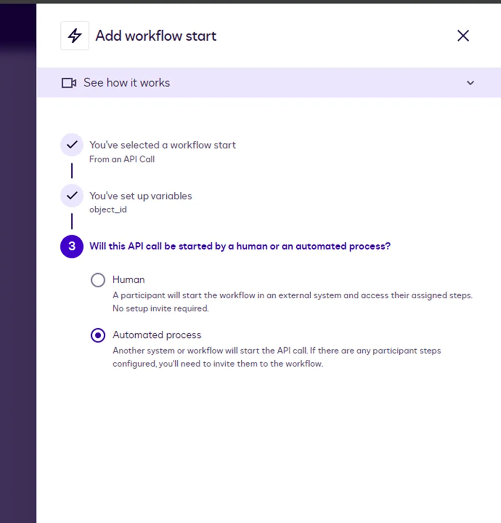 Workflow start configuration panel showing selection for an automated API call initiation process.