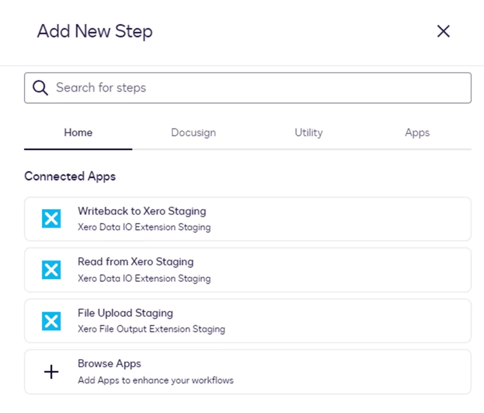 Add New Step dialog showing a search bar and a list of connected applications.