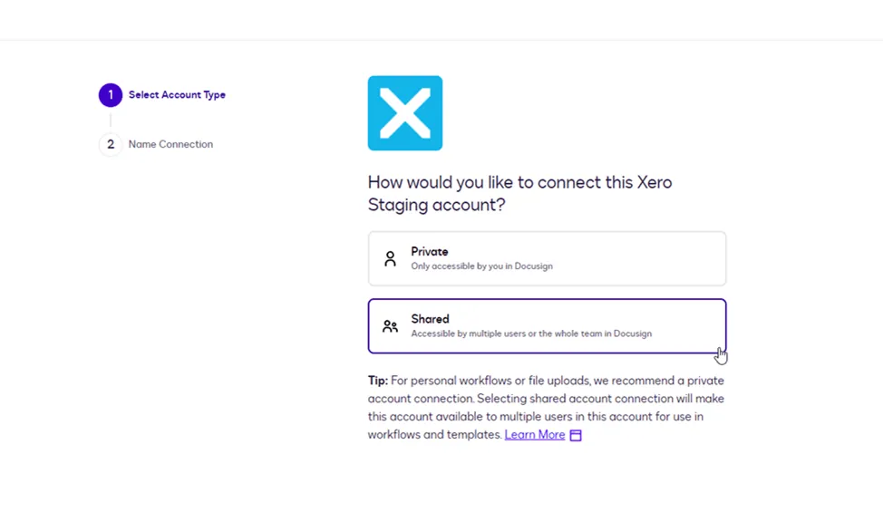 Screenshot showing Xero account connection, with 'Shared' access type selected for team use.