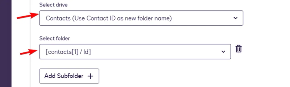 User interface for selecting drive 'Contacts' and folder '[contacts[1]/id]' with red arrows.
