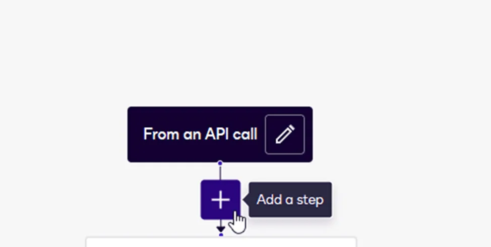 UI element showing 'From an API call' with an 'Add a step' button hovered by a cursor.