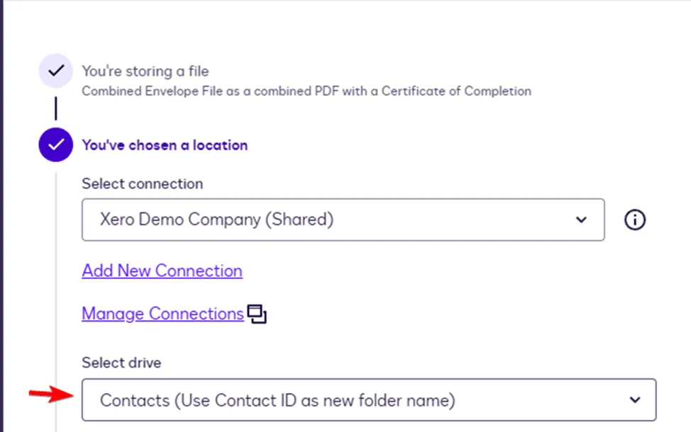 Form showing 'Select drive' dropdown with 'Contacts (Use Contact ID as new folder name)' selected.