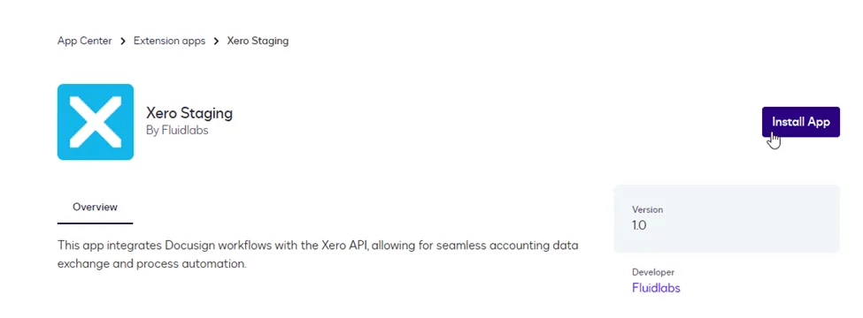 Web page showing the Xero Staging app with an install button and description.