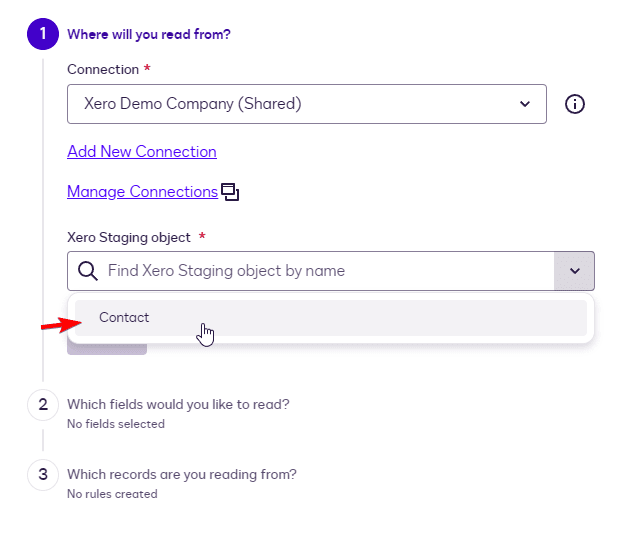 Xero connection form showing "Contact" selected as the staging object with a red arrow.