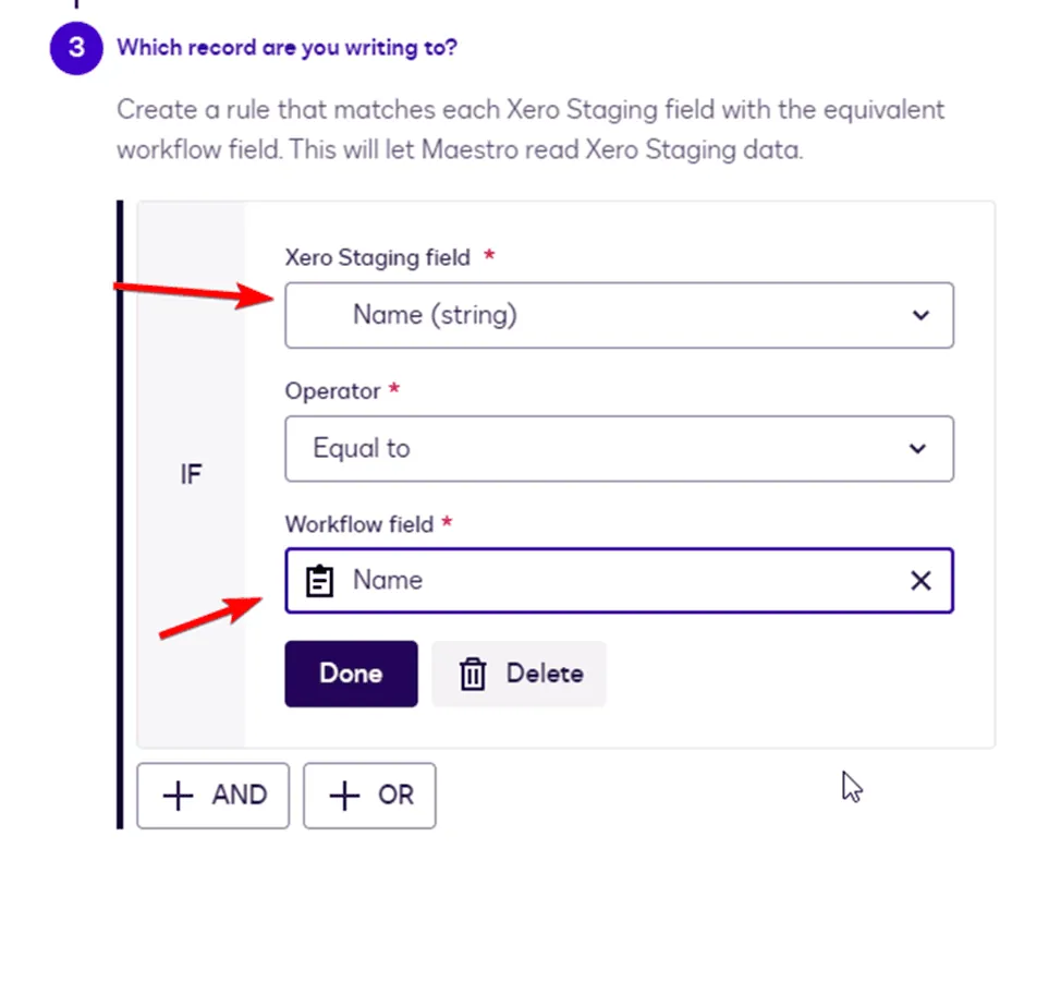 Digital interface showing Xero Staging field "Name" mapped to Workflow field "Name".