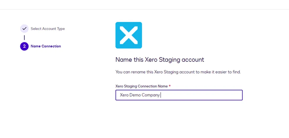 User interface for naming a Xero Staging account, with 'Xero Demo Company' entered.