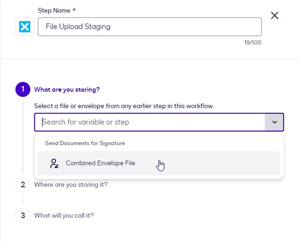 Form for 'File Upload Staging' shows 'Combined Envelope File' selected as input.