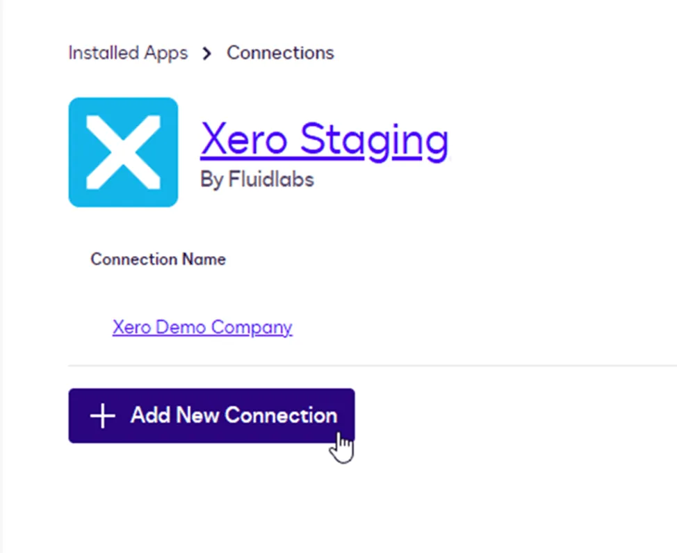 UI screen displaying the Xero Staging application with an "Add New Connection" button.