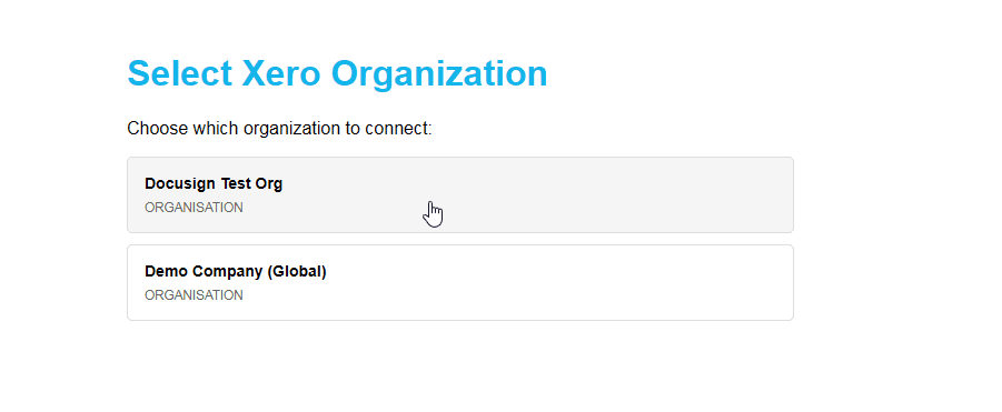 Screen showing two Xero organizations to select: 'DocuSign Test Org' and 'Demo Company'.