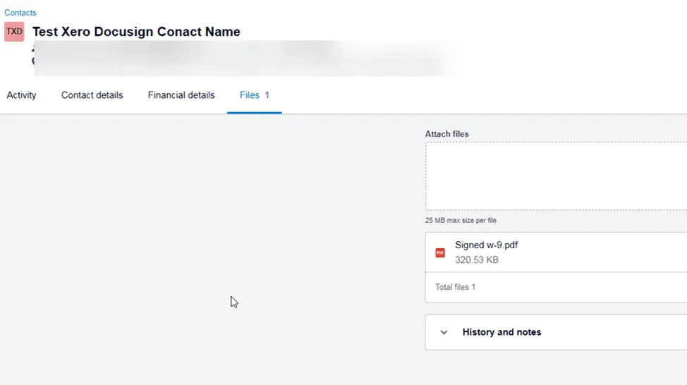 Web interface displaying a 'Files' tab with a 'Signed e-0.pdf' document attached.