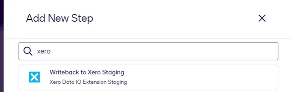 An 'Add New Step' dialog box displays search results for 'xero' integration.