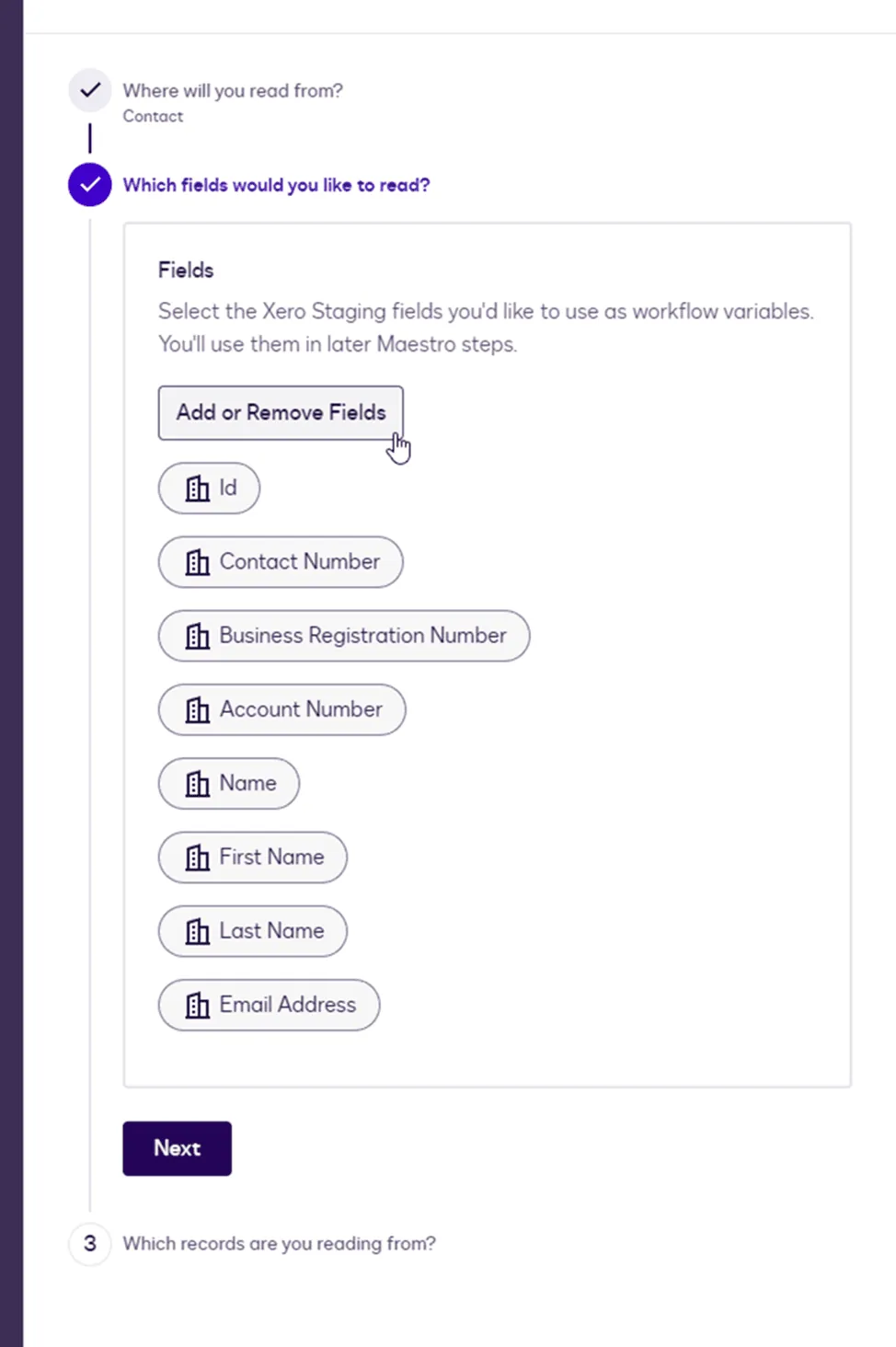 Interface showing workflow field selection with Add or Remove Fields button.