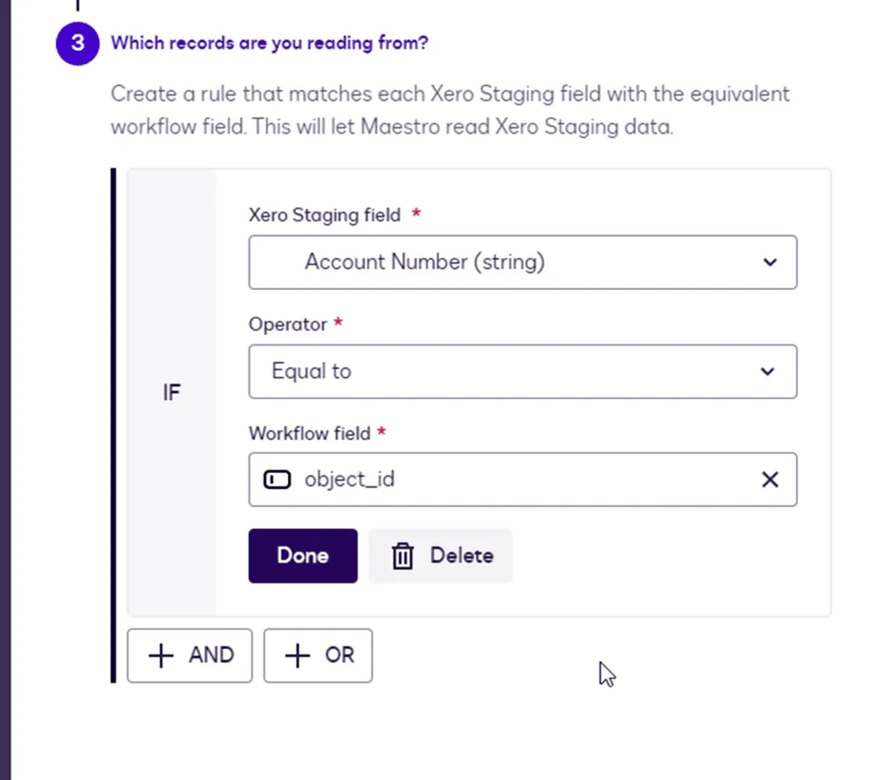 User interface displaying a data mapping rule connecting Xero Staging 'Account Number' to 'object_id'.