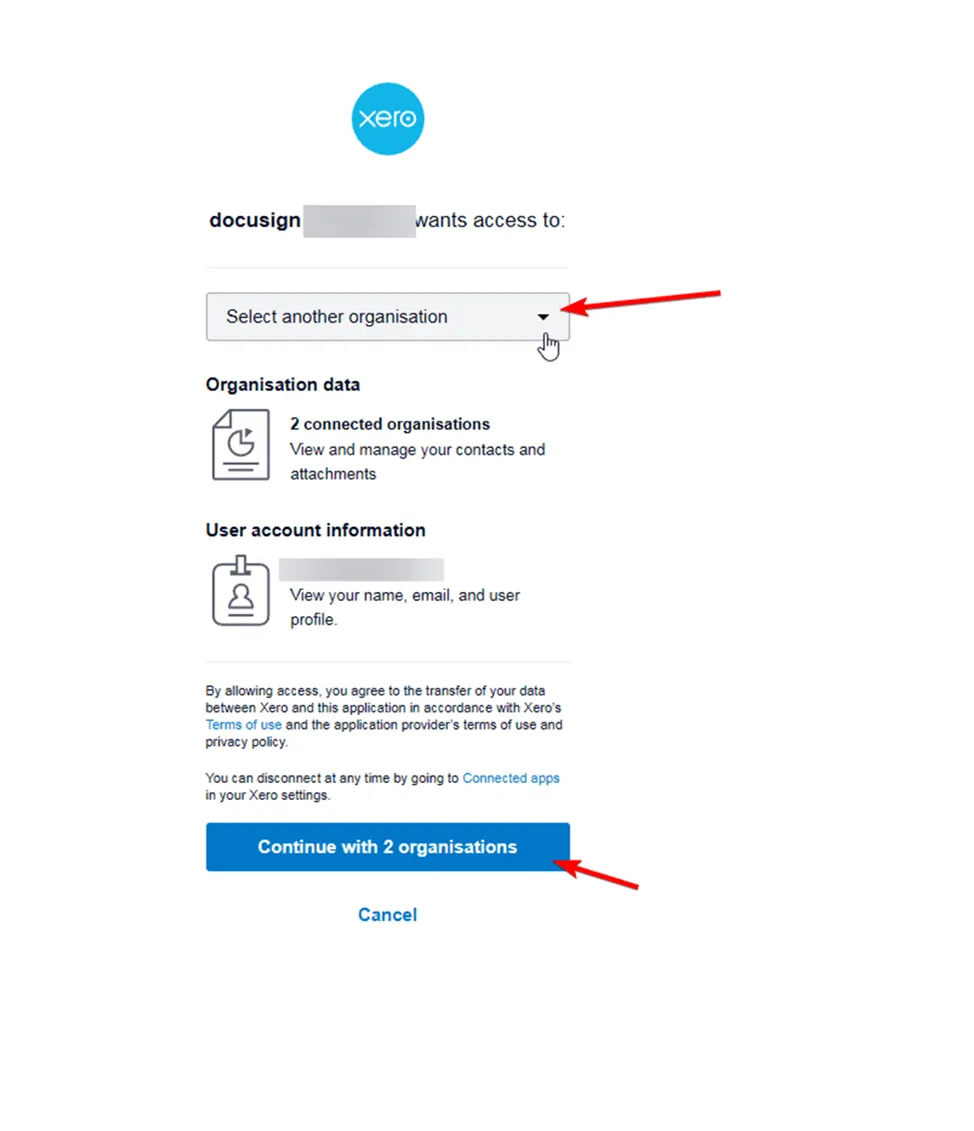 A software consent screen showing a user selecting an organization and continuing data access.