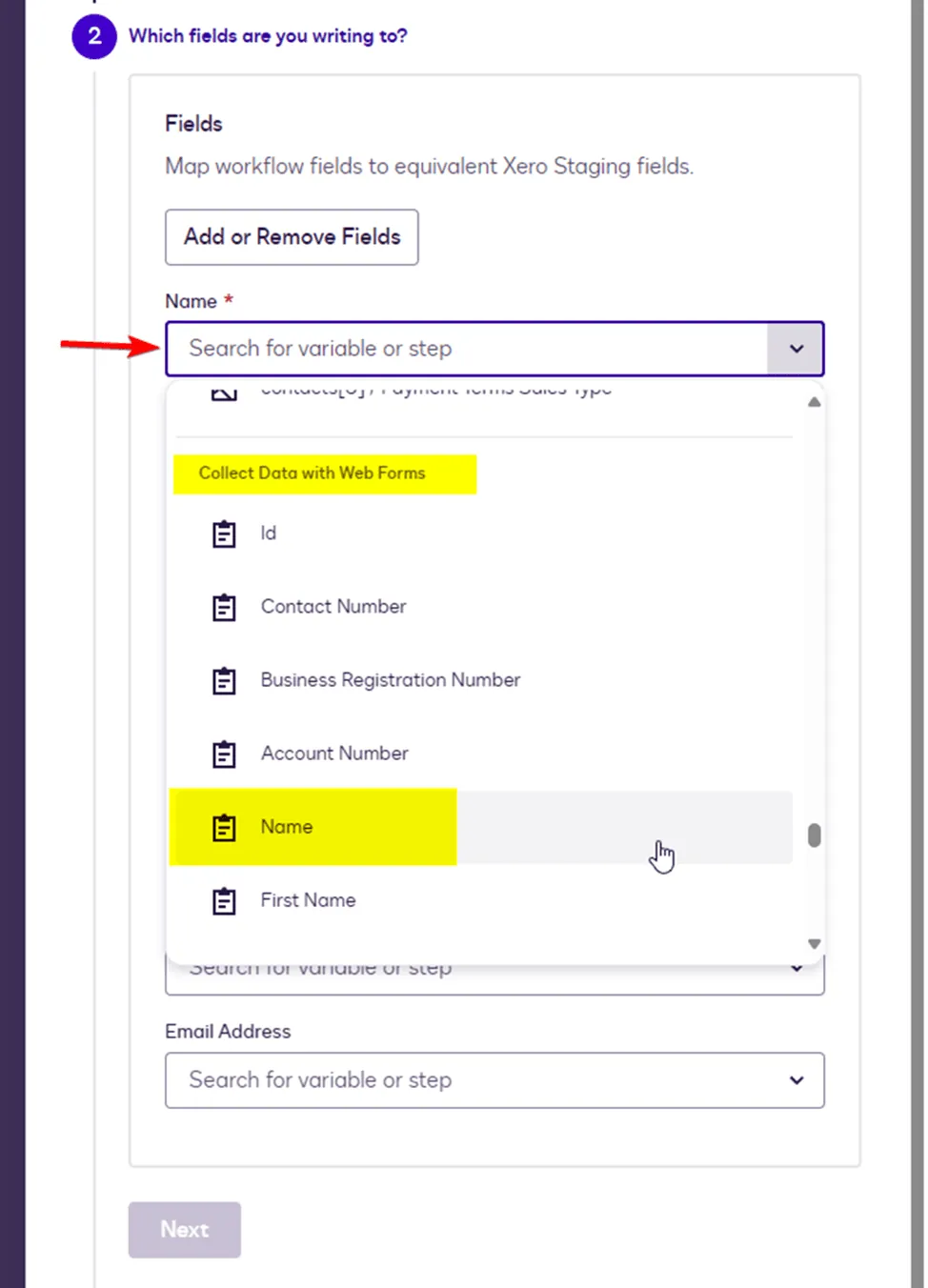 Workflow field mapping interface showing a search bar and the 'Status' field highlighted.