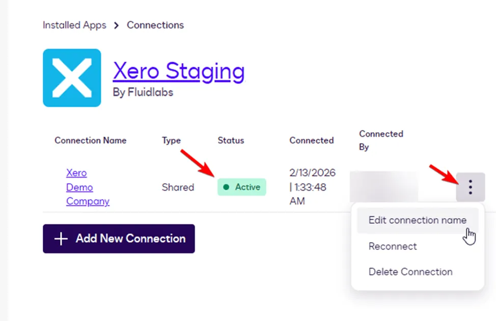 Xero Staging connections with an active link and menu to edit, reconnect, or delete.