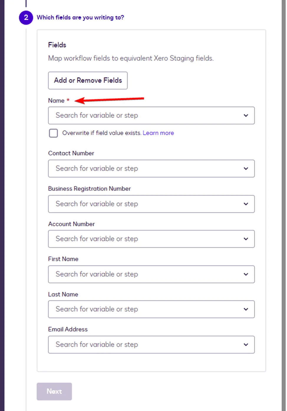 Digital form showing field setup, with red arrow highlighting the 'Name*' field.