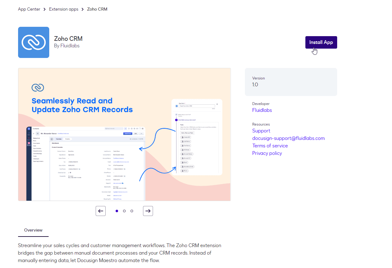 Zoho CRM by Postlaba app page showing data integration for seamless record updates.