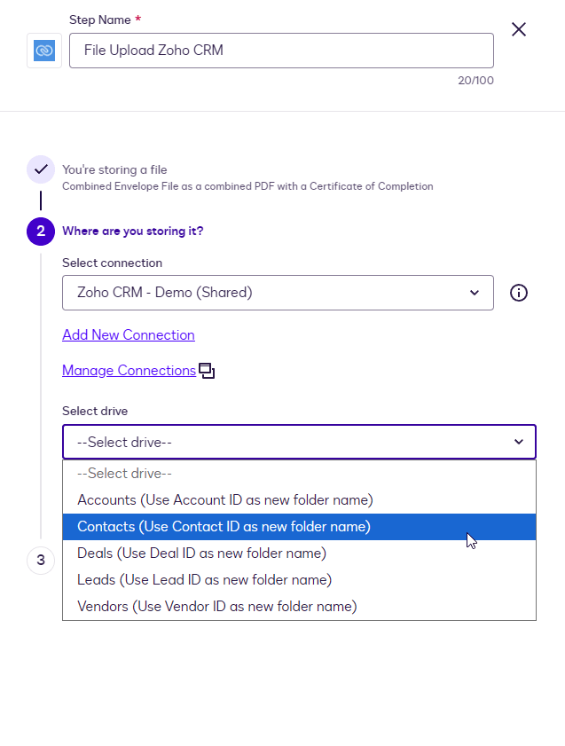 Zoho CRM file upload configuration showing 'Select drive' dropdown with 'Contacts' option highlighted.