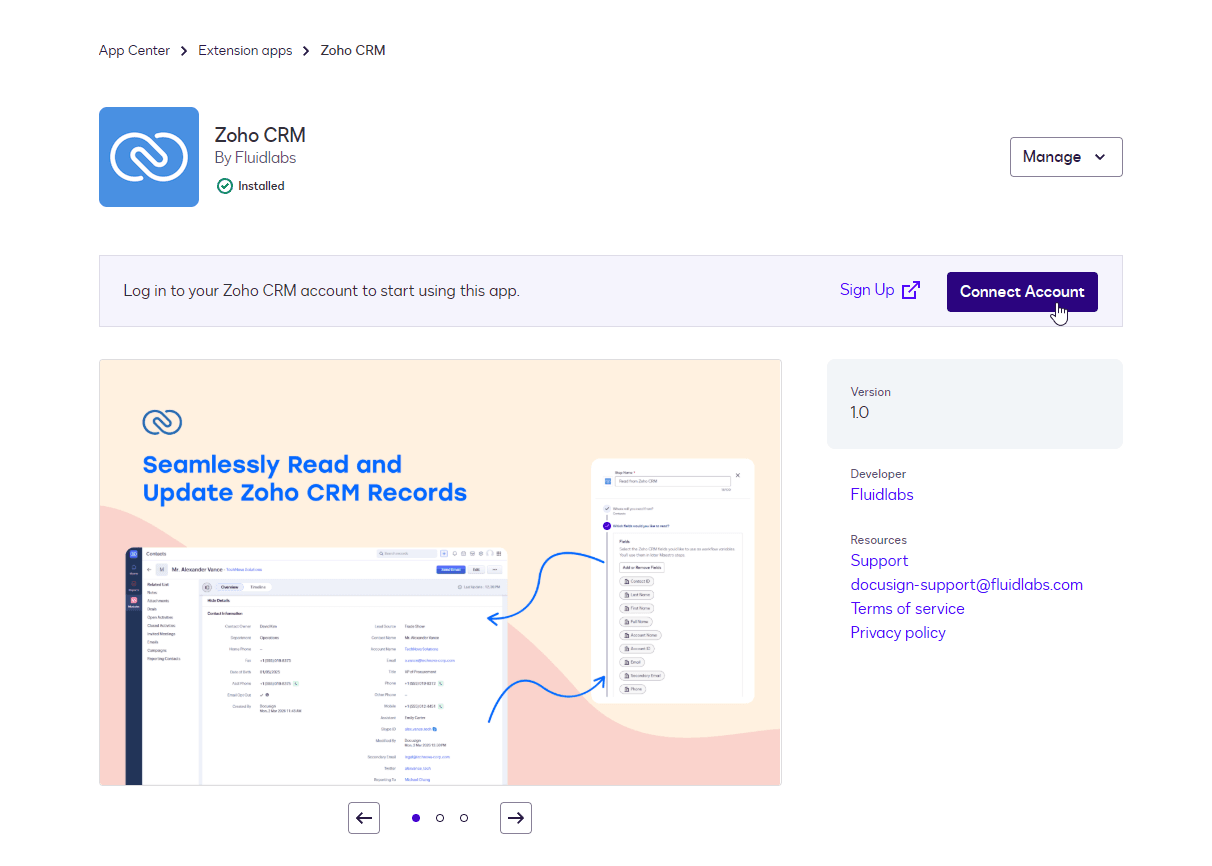 Zoho-CRM integration page displaying a 'Connect Account' button and visual of record management.
