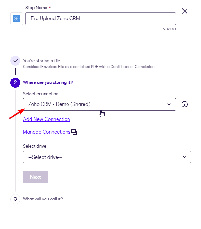 UI showing 'Select connection' dropdown with 'Zoho CRM - Demo (Shared)' chosen for file upload.
