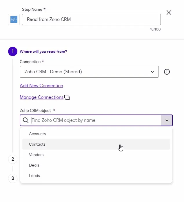 User interface configuring data read from Zoho CRM, selecting 'Contacts' from a dropdown.