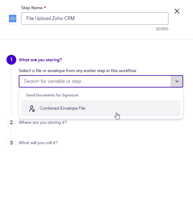 Workflow interface showing "Shop Name" input and selecting "Combined Envelope File" under "What are you sharing?".