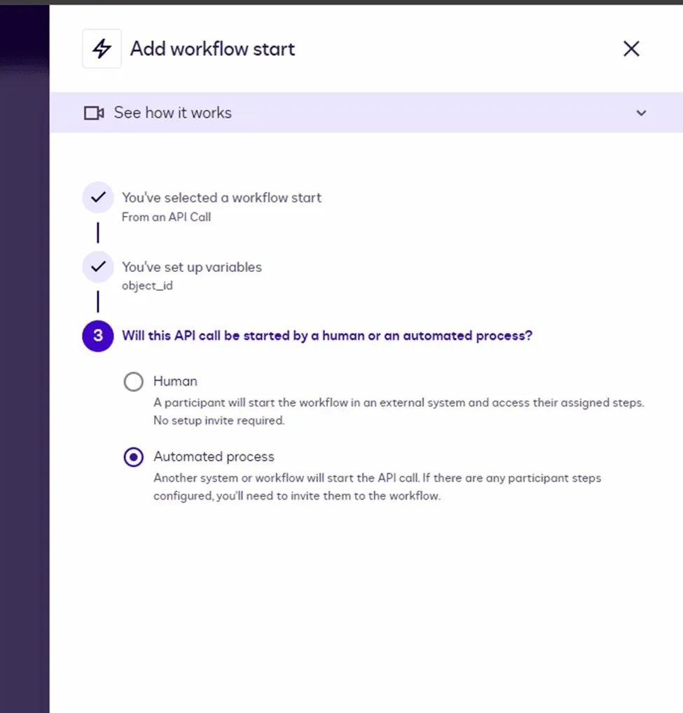Workflow configuration panel with steps for API call setup, asking if human or automated start.