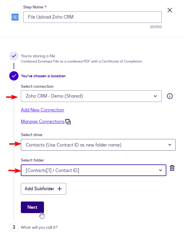 Screenshot of a user interface for selecting file upload connections, drives, and folders, with a 'Next' button.