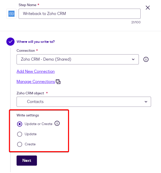 Software interface showing Zoho CRM writeback settings with 'Update or Create' selected.