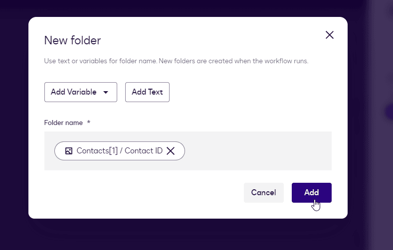 New folder modal for creating a folder name using a variable.