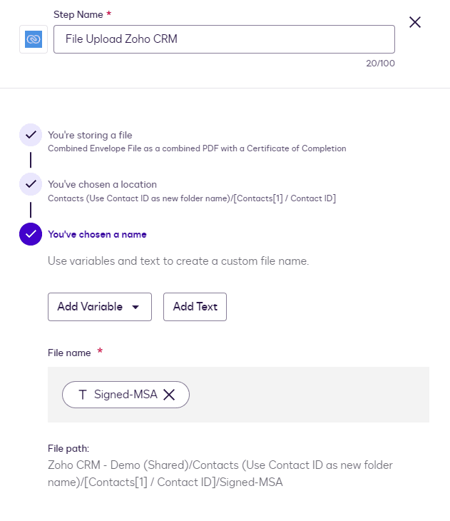 User interface for uploading a file to Zoho CRM, showing the 'Signed MSA' file name.