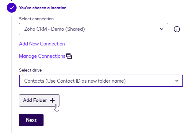 Form displaying Zoho CRM connection selected and a highlighted 'Add Folder' button.