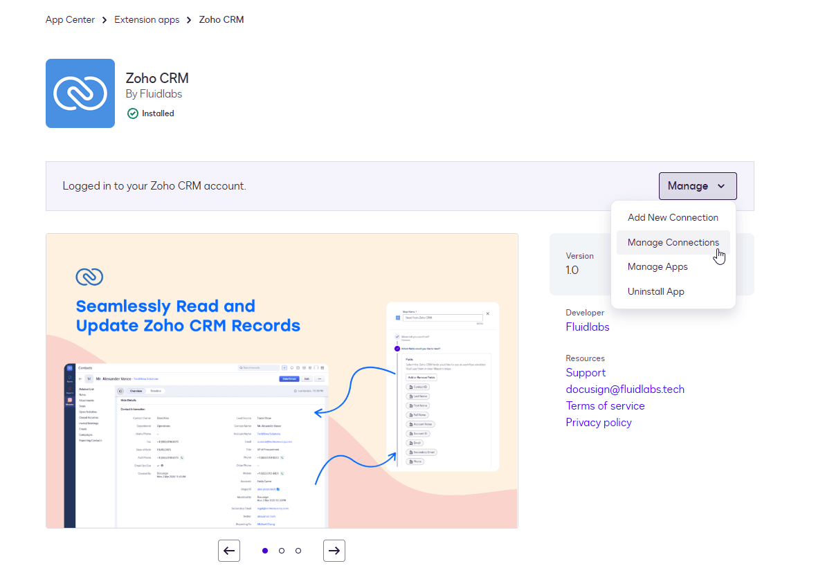 Zoho CRM app page showing a dropdown menu open to "Manage Connections."