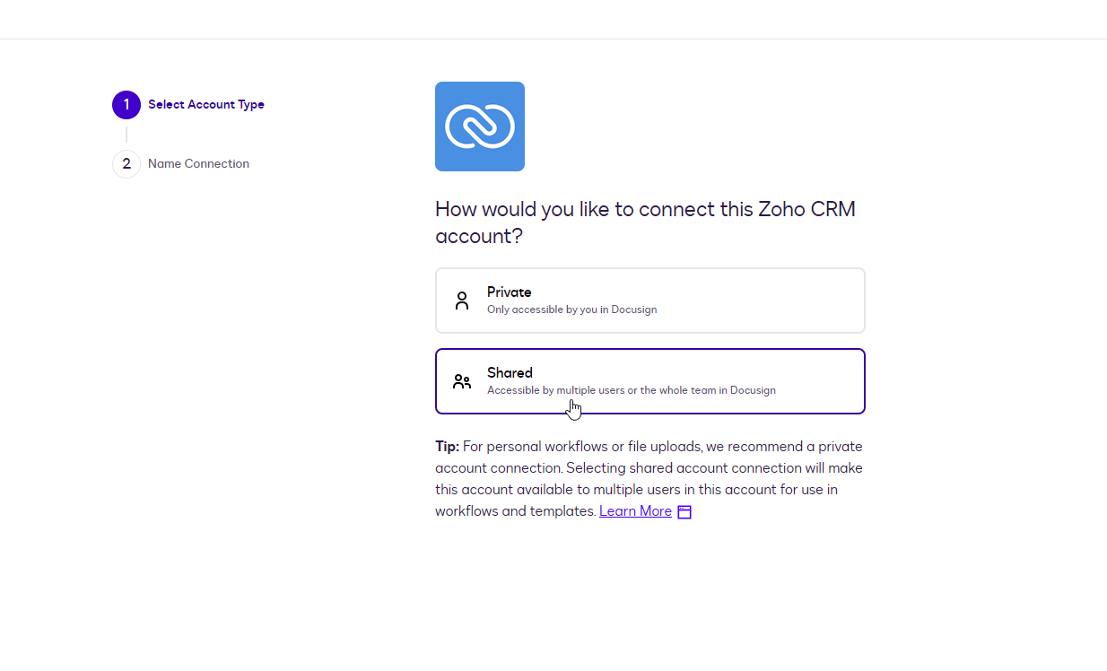 Zoho CRM account connection screen with private and shared access options.