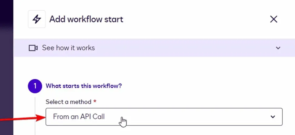 User interface showing 'From an API Call' selected as the workflow start method.
