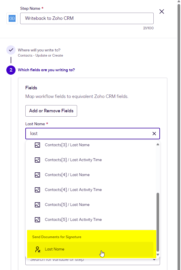 Software interface for field mapping, showing 'Lead Name' selected from a dropdown list.