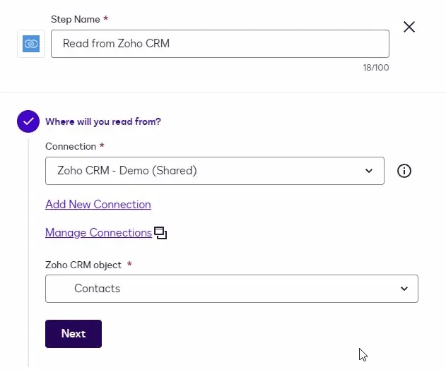 A form showing the configuration for reading data from Zoho CRM, selecting 'Contacts' object.