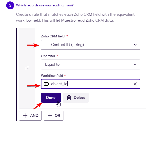 Zoho CRM field matching Contact ID to Workflow field object_id, then clicking Done.