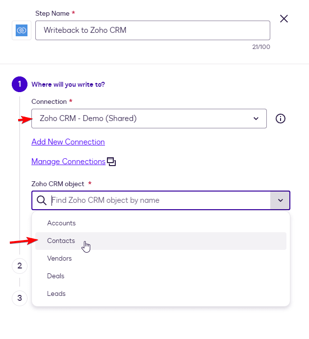 Zoho CRM writeback form displaying object selection with 'Contacts' highlighted.