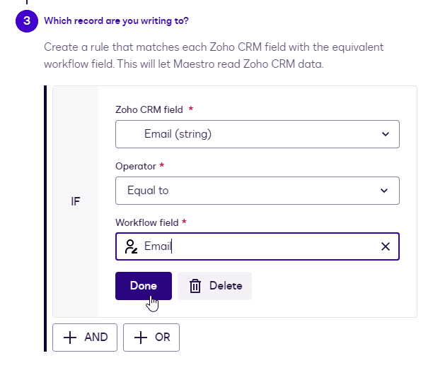 Setting up a workflow rule to connect Zoho CRM email to a workflow email field.