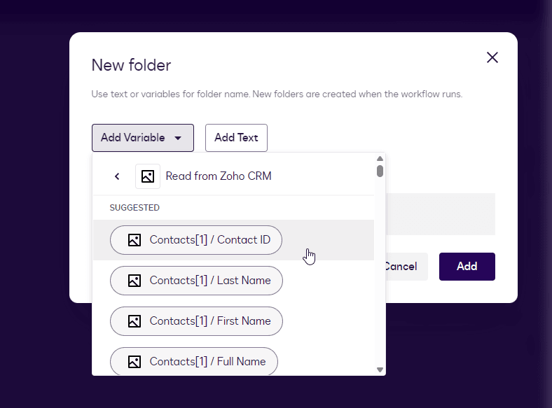 New folder dialog showing variable selection for folder names like 'Contacts[] / Contact ID'.